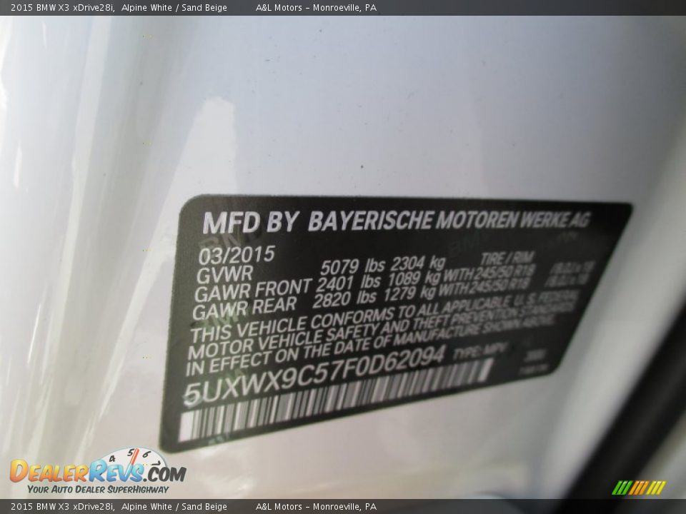 2015 BMW X3 xDrive28i Alpine White / Sand Beige Photo #19