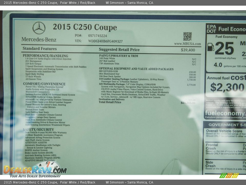 2015 Mercedes-Benz C 250 Coupe Window Sticker Photo #11