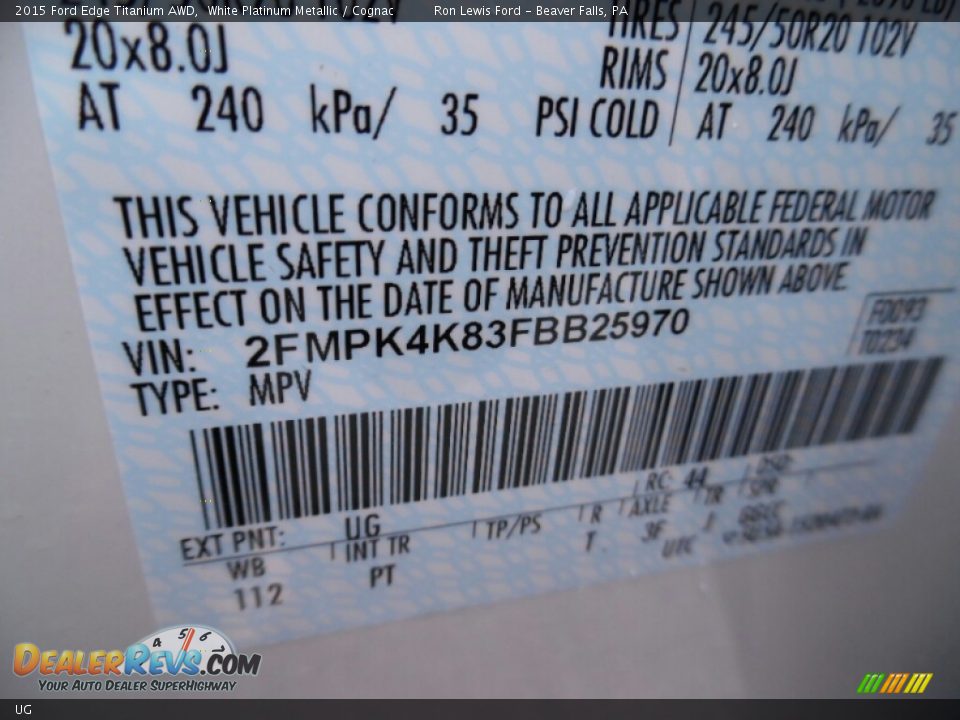 Ford Color Code UG White Platinum Metallic