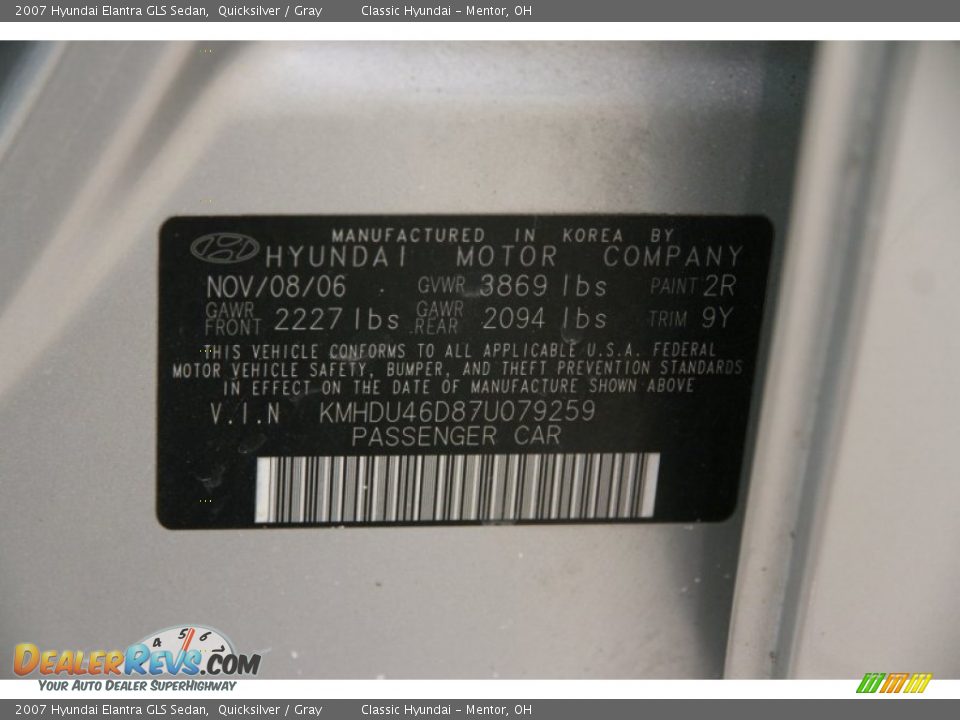 2007 Hyundai Elantra GLS Sedan Quicksilver / Gray Photo #13