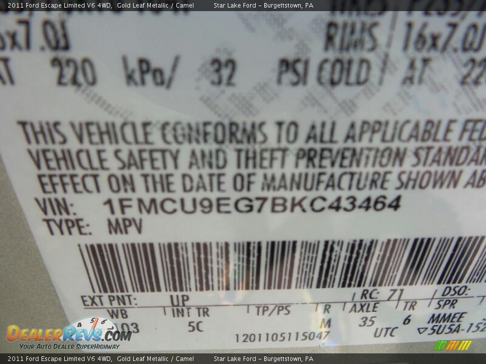 2011 Ford Escape Limited V6 4WD Gold Leaf Metallic / Camel Photo #15