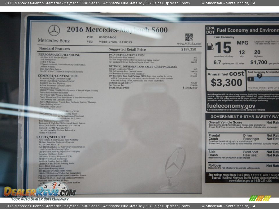 2016 Mercedes-Benz S Mercedes-Maybach S600 Sedan Window Sticker Photo #11