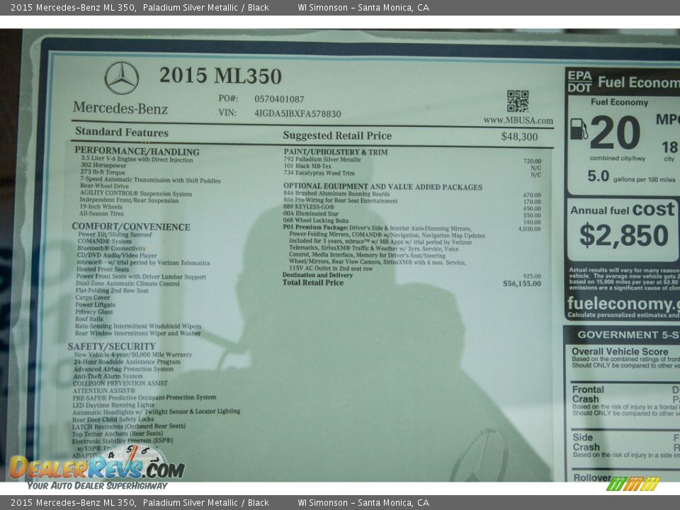 2015 Mercedes-Benz ML 350 Paladium Silver Metallic / Black Photo #10