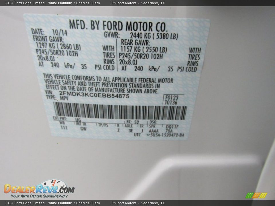 2014 Ford Edge Limited White Platinum / Charcoal Black Photo #32