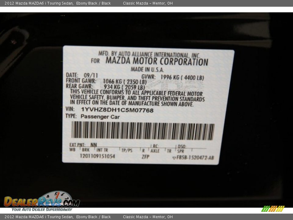 2012 Mazda MAZDA6 i Touring Sedan Ebony Black / Black Photo #18