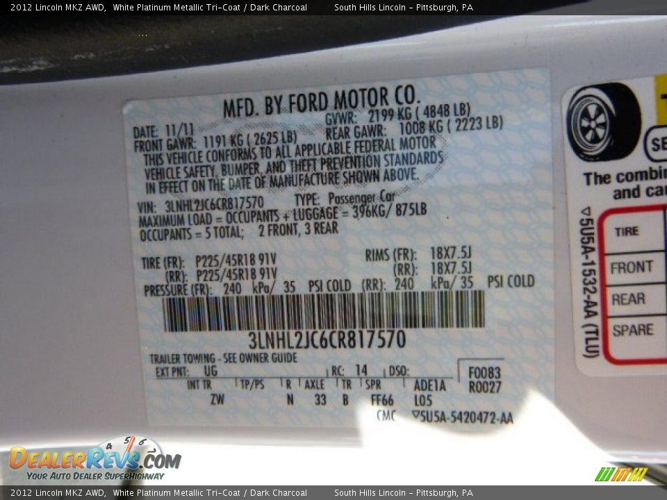 2012 Lincoln MKZ AWD White Platinum Metallic Tri-Coat / Dark Charcoal Photo #23