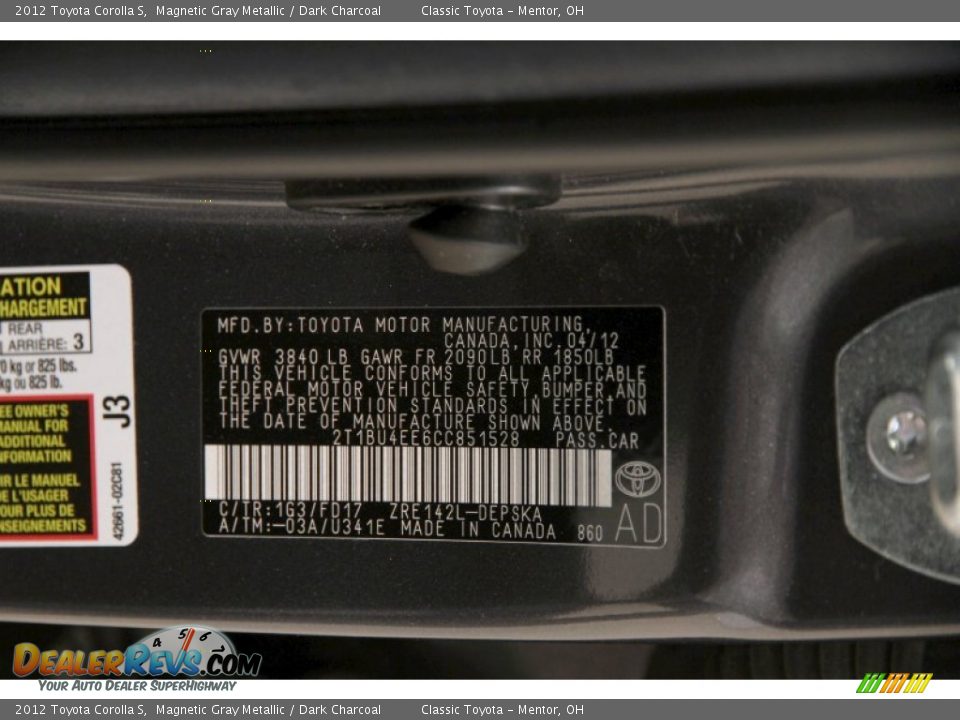 2012 Toyota Corolla S Magnetic Gray Metallic / Dark Charcoal Photo #18