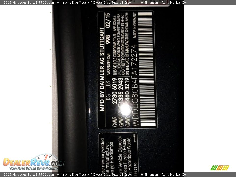 2015 Mercedes-Benz S 550 Sedan Anthracite Blue Metallic / Crystal Grey/Seashell Grey Photo #7