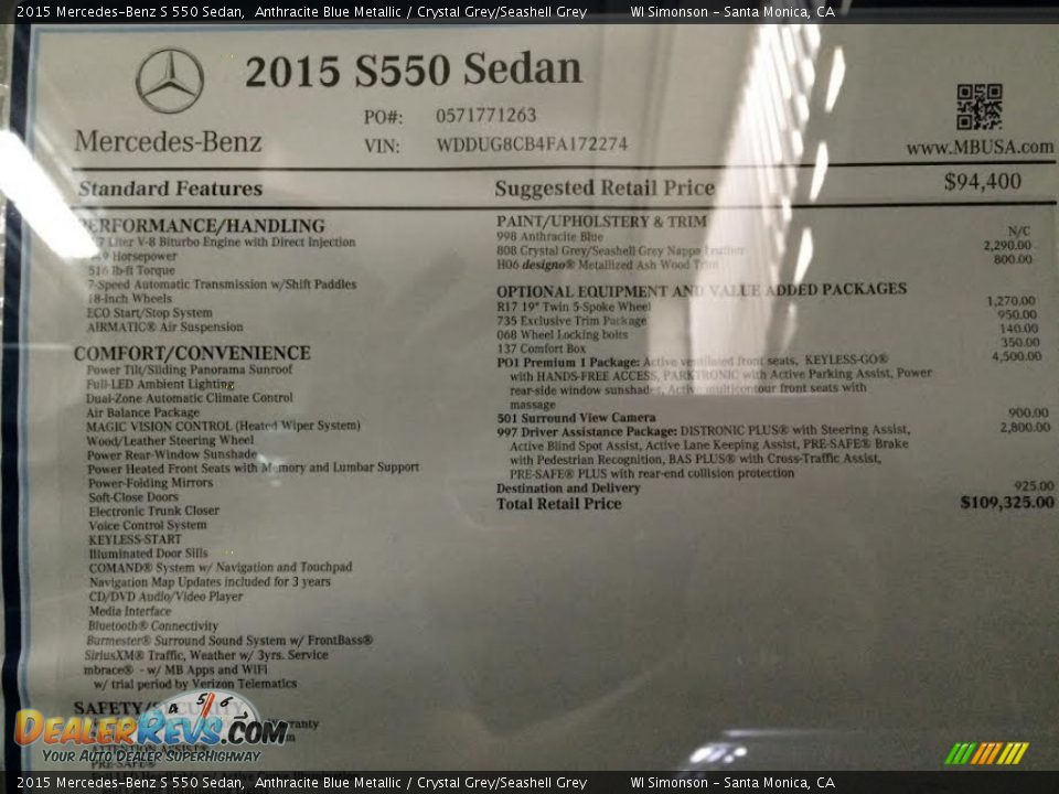 2015 Mercedes-Benz S 550 Sedan Anthracite Blue Metallic / Crystal Grey/Seashell Grey Photo #11