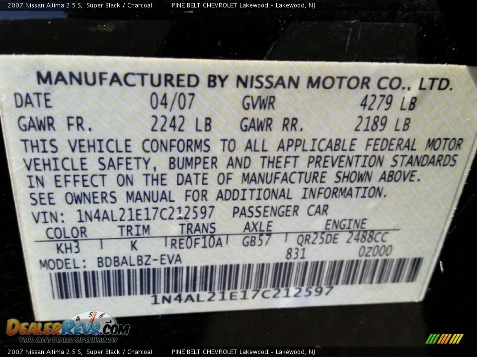 2007 Nissan Altima 2.5 S Super Black / Charcoal Photo #17