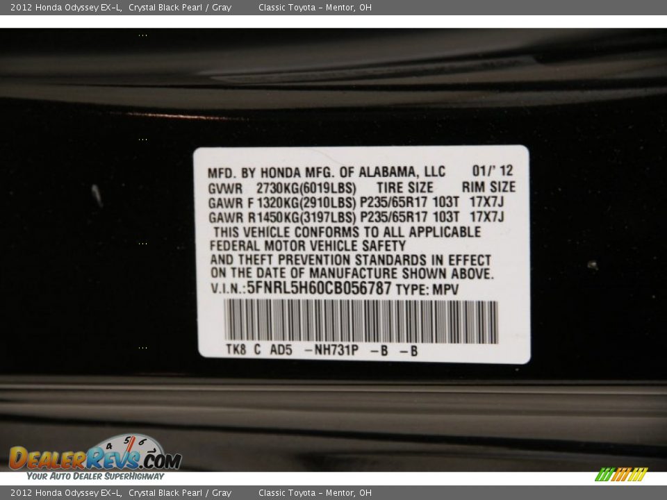 2012 Honda Odyssey EX-L Crystal Black Pearl / Gray Photo #22