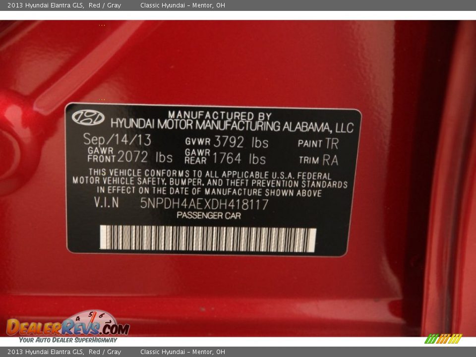 2013 Hyundai Elantra GLS Red / Gray Photo #16