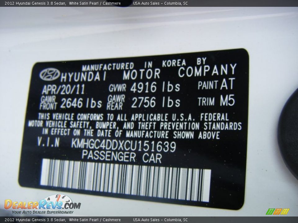 2012 Hyundai Genesis 3.8 Sedan White Satin Pearl / Cashmere Photo #18