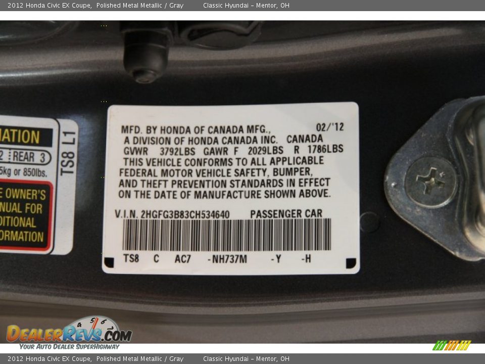 2012 Honda Civic EX Coupe Polished Metal Metallic / Gray Photo #15