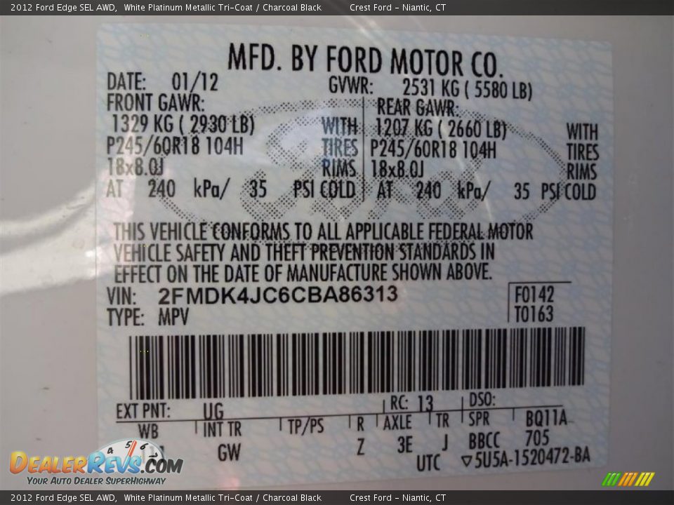 2012 Ford Edge SEL AWD White Platinum Metallic Tri-Coat / Charcoal Black Photo #14