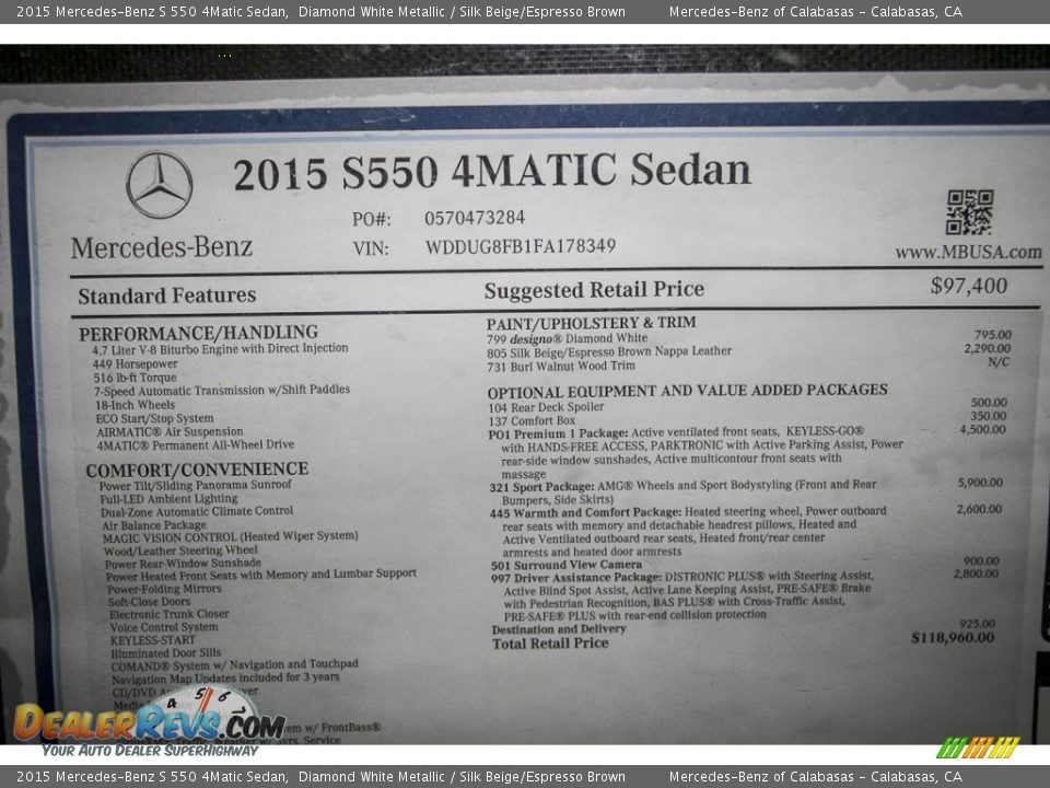 2015 Mercedes-Benz S 550 4Matic Sedan Diamond White Metallic / Silk Beige/Espresso Brown Photo #11