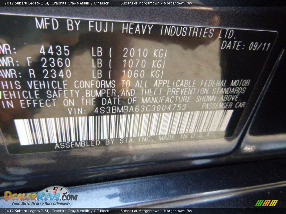 2012 Subaru Legacy 2.5i Graphite Gray Metallic / Off Black Photo #12