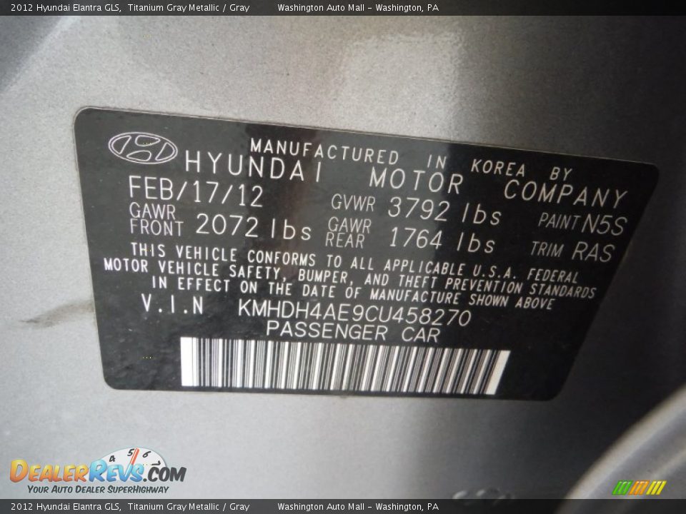2012 Hyundai Elantra GLS Titanium Gray Metallic / Gray Photo #19