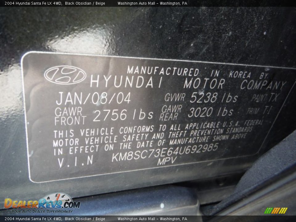 2004 Hyundai Santa Fe LX 4WD Black Obsidian / Beige Photo #19