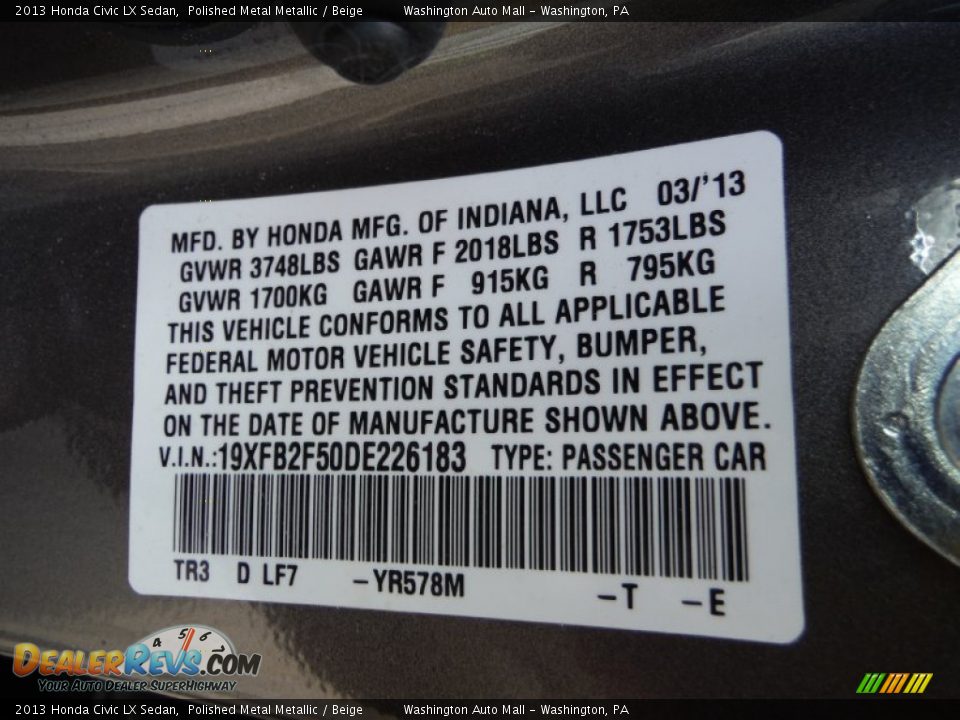 2013 Honda Civic LX Sedan Polished Metal Metallic / Beige Photo #19