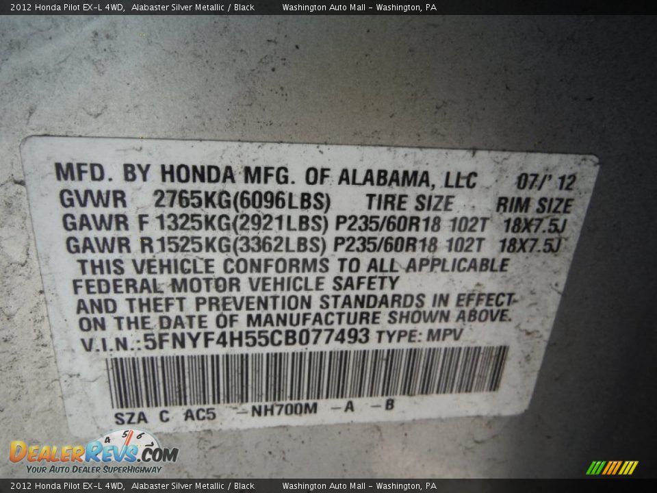 2012 Honda Pilot EX-L 4WD Alabaster Silver Metallic / Black Photo #19