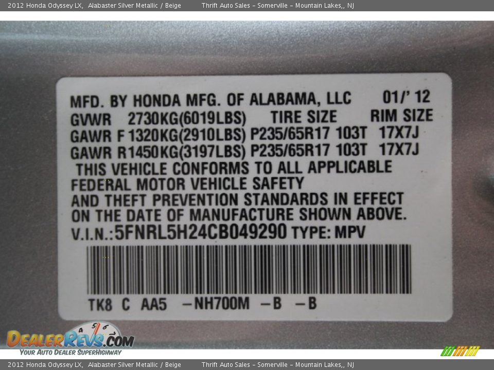2012 Honda Odyssey LX Alabaster Silver Metallic / Beige Photo #23