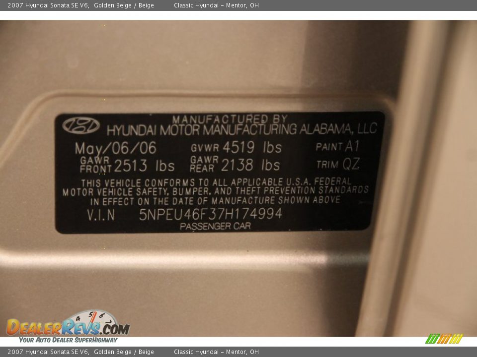 2007 Hyundai Sonata SE V6 Golden Beige / Beige Photo #19