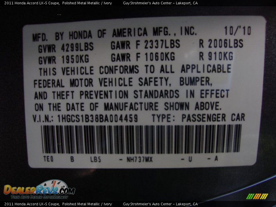 2011 Honda Accord LX-S Coupe Polished Metal Metallic / Ivory Photo #24