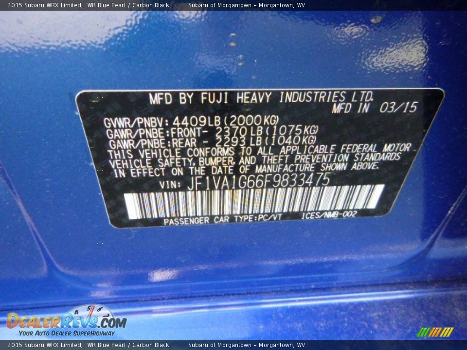 2015 Subaru WRX Limited WR Blue Pearl / Carbon Black Photo #15