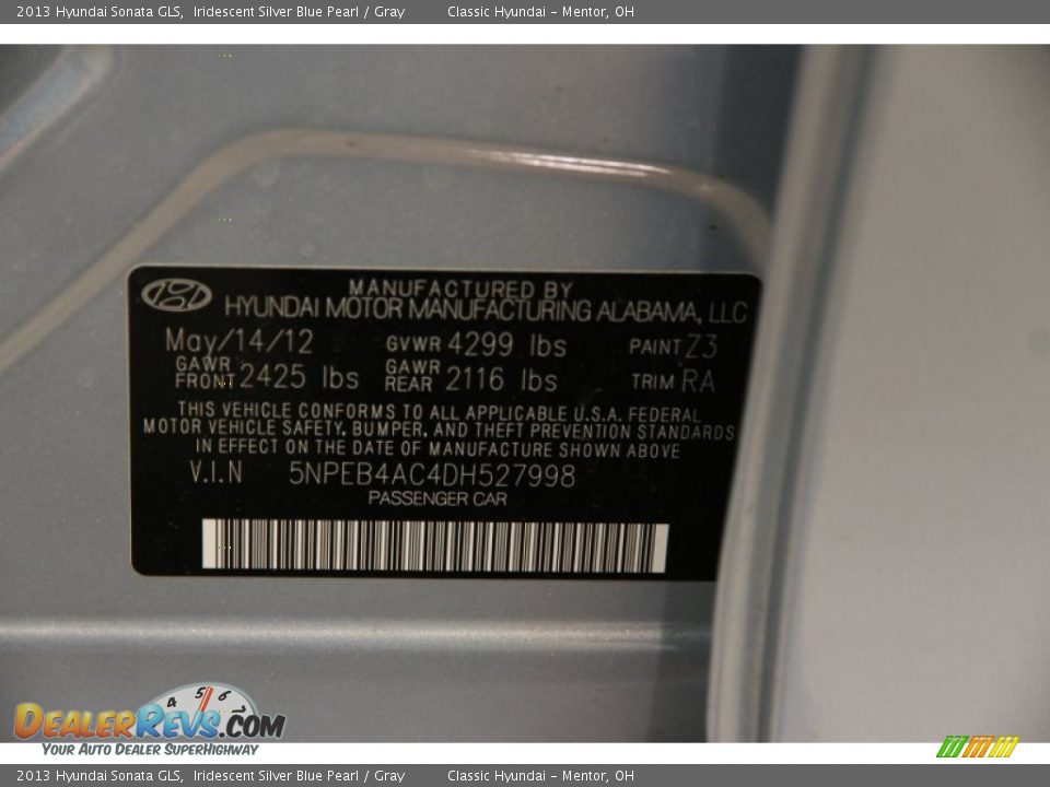 2013 Hyundai Sonata GLS Iridescent Silver Blue Pearl / Gray Photo #16