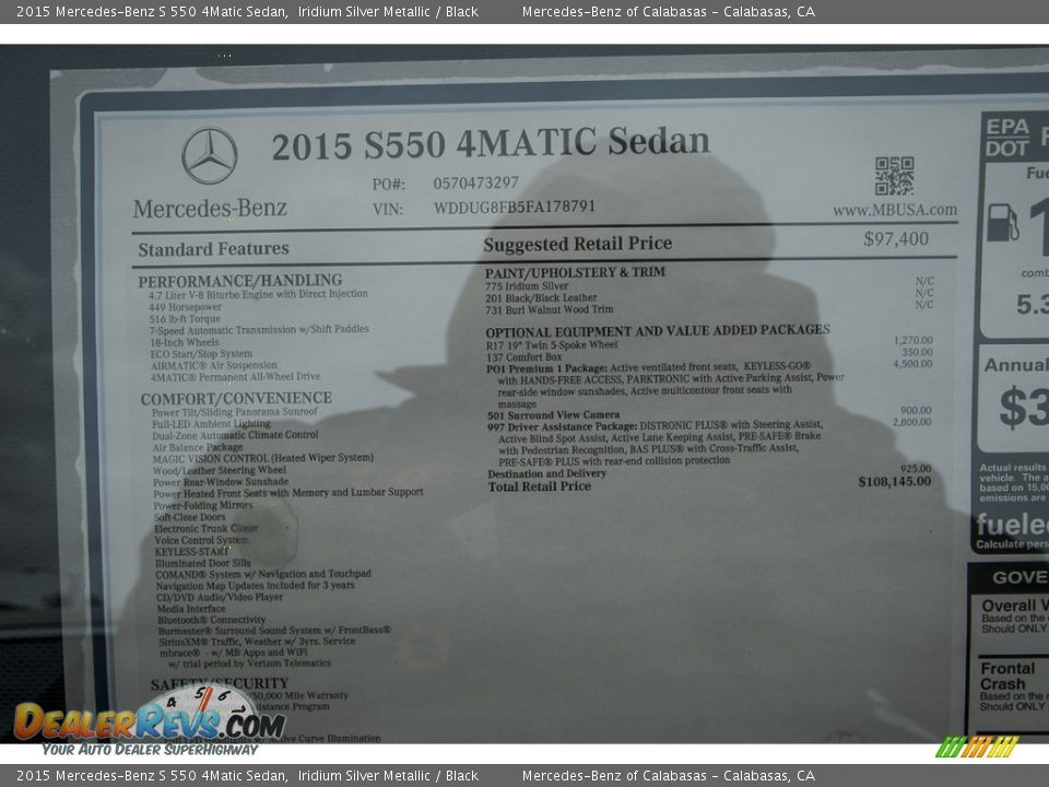 2015 Mercedes-Benz S 550 4Matic Sedan Iridium Silver Metallic / Black Photo #11