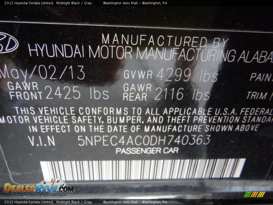 2013 Hyundai Sonata Limited Midnight Black / Gray Photo #24