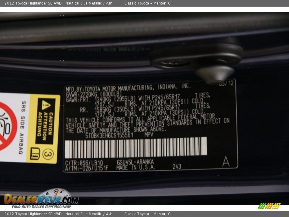 2012 Toyota Highlander SE 4WD Nautical Blue Metallic / Ash Photo #18