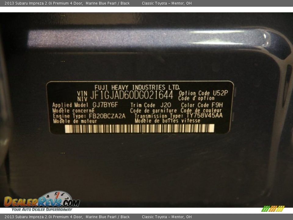 2013 Subaru Impreza 2.0i Premium 4 Door Marine Blue Pearl / Black Photo #18