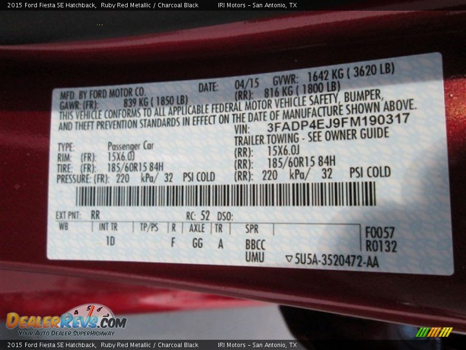 2015 Ford Fiesta SE Hatchback Ruby Red Metallic / Charcoal Black Photo #13