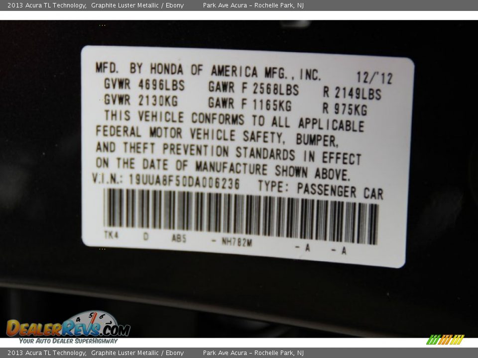 2013 Acura TL Technology Graphite Luster Metallic / Ebony Photo #34
