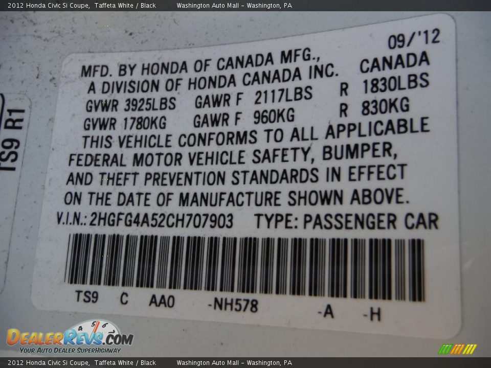 2012 Honda Civic Si Coupe Taffeta White / Black Photo #19