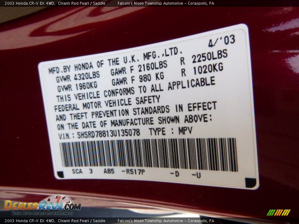 2003 Honda CR-V EX 4WD Chianti Red Pearl / Saddle Photo #24