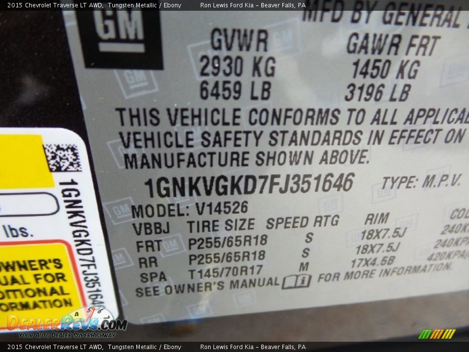 2015 Chevrolet Traverse LT AWD Tungsten Metallic / Ebony Photo #16