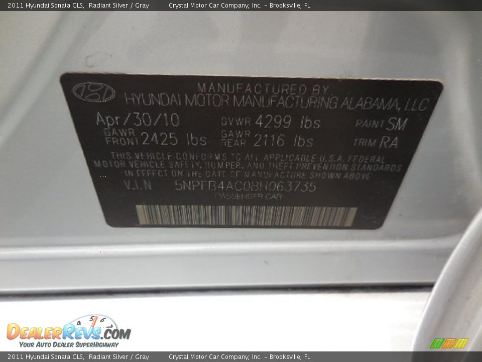 2011 Hyundai Sonata GLS Radiant Silver / Gray Photo #22