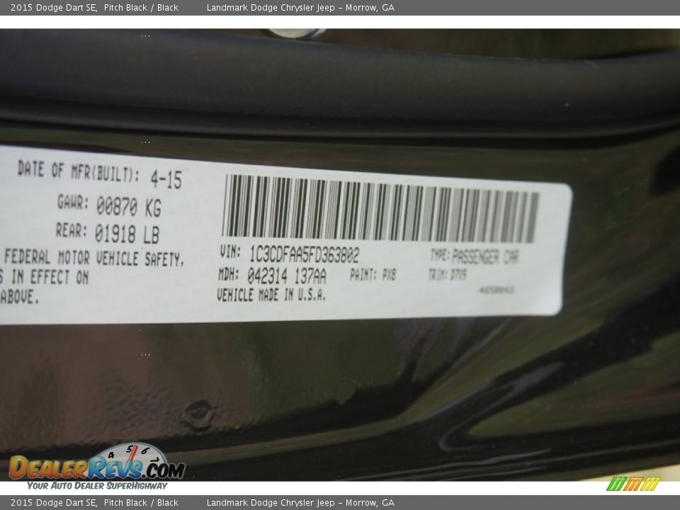 2015 Dodge Dart SE Pitch Black / Black Photo #9