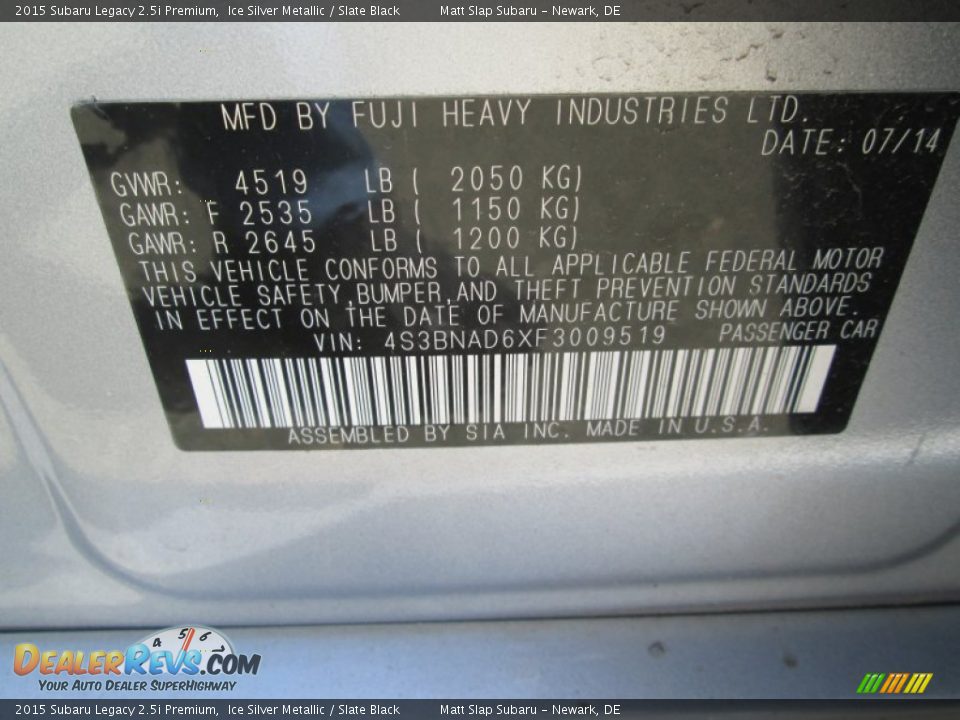 2015 Subaru Legacy 2.5i Premium Ice Silver Metallic / Slate Black Photo #29
