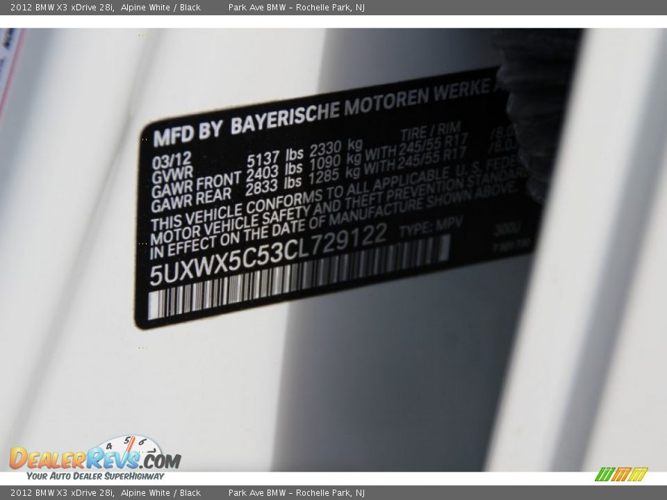 2012 BMW X3 xDrive 28i Alpine White / Black Photo #35