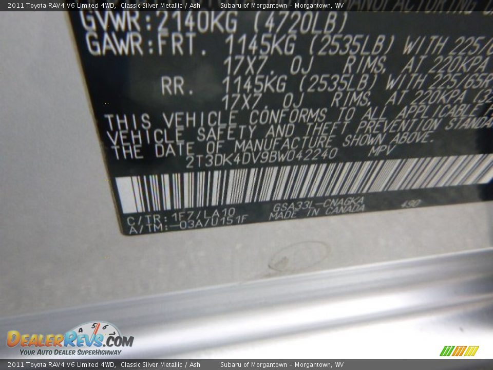2011 Toyota RAV4 V6 Limited 4WD Classic Silver Metallic / Ash Photo #16