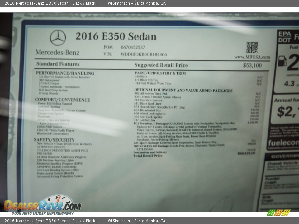 2016 Mercedes-Benz E 350 Sedan Window Sticker Photo #11