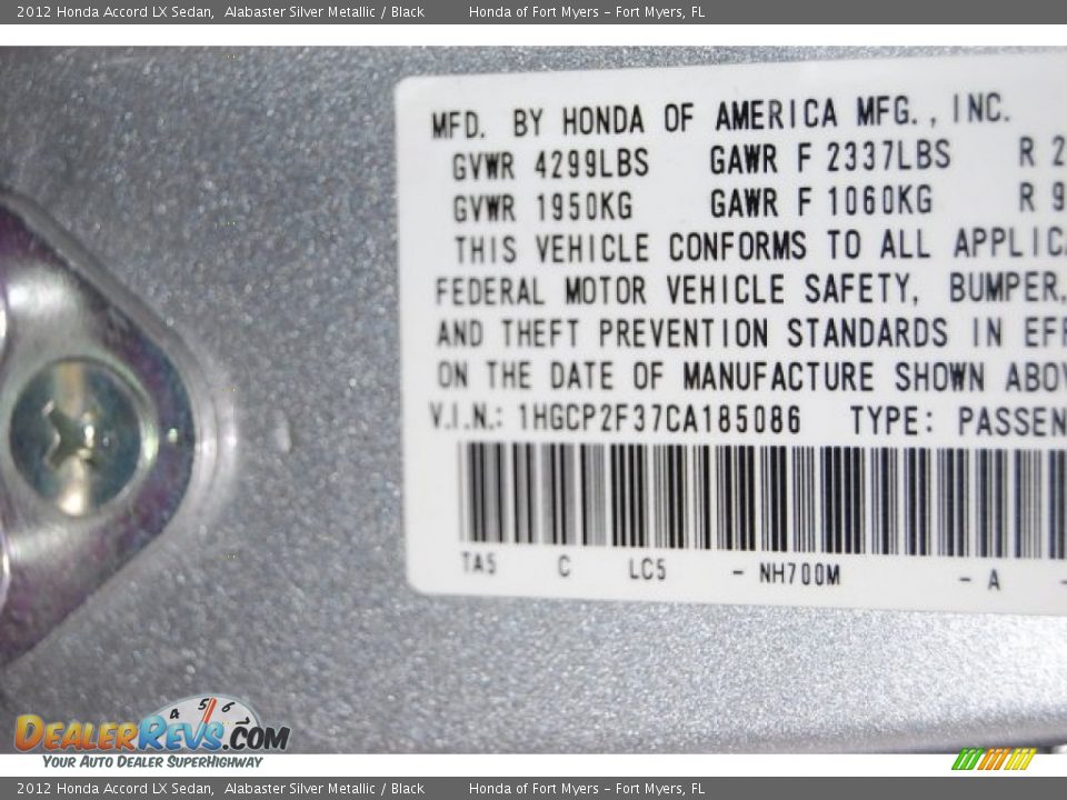 2012 Honda Accord LX Sedan Alabaster Silver Metallic / Black Photo #34