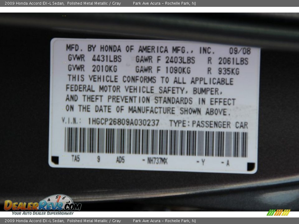 2009 Honda Accord EX-L Sedan Polished Metal Metallic / Gray Photo #34