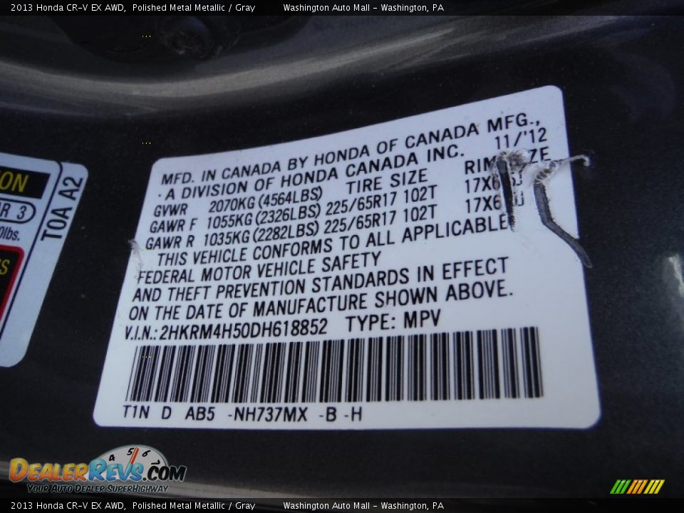 2013 Honda CR-V EX AWD Polished Metal Metallic / Gray Photo #19