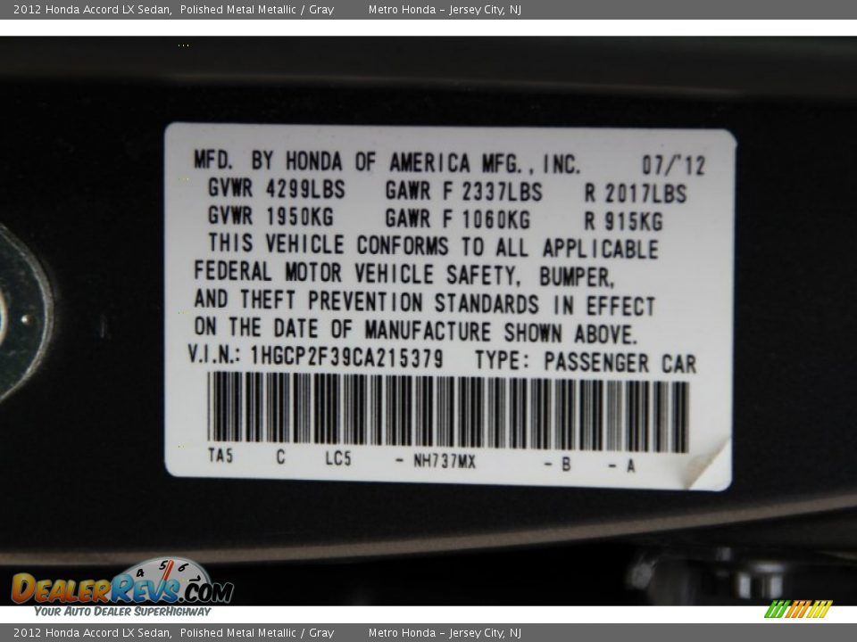2012 Honda Accord LX Sedan Polished Metal Metallic / Gray Photo #31