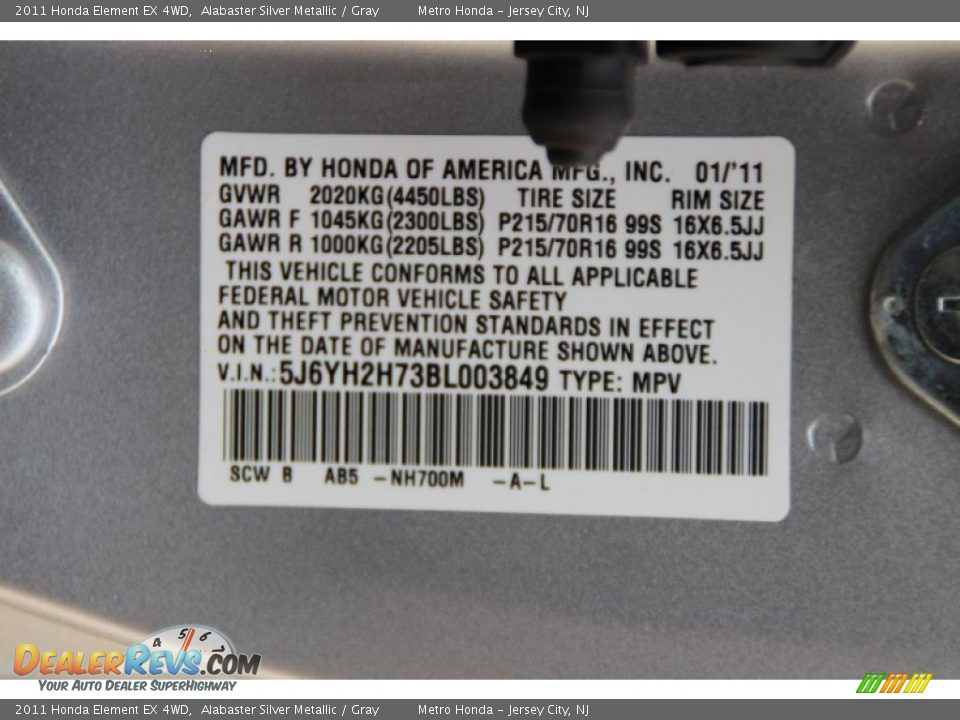 2011 Honda Element EX 4WD Alabaster Silver Metallic / Gray Photo #33